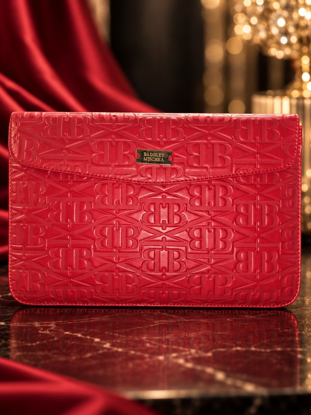 Badgley Mischka Red Embossed Logo Envelope Clutch
